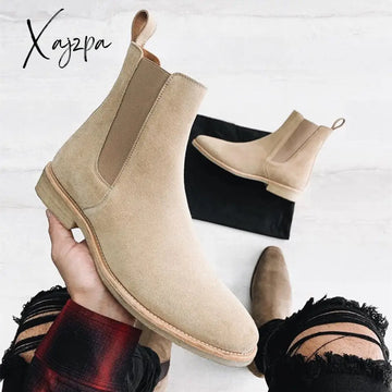 Xajzpa - Chelsea Men Boots Pointed Head Cuff Suede Low Heel Top Casual Fashion Comfortable Business